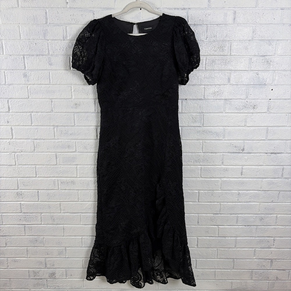 Yumi Kim Lace Midi Dress Womens 10 Black Puff Sleeve Ruffle Hem Evening